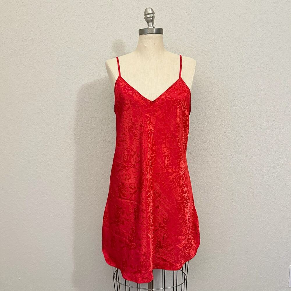 VTG CALIFORNIA DYNASTY Mini Slip Dress Red Floral Jacquard Babydoll